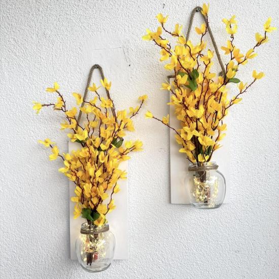 Led Işıklı, Sarı Sakura Çiçekli Duvar Dekoru Beyaz
