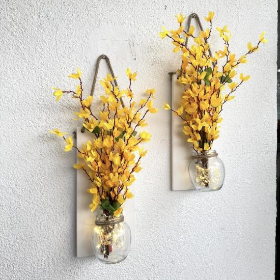 Led Işıklı, Sarı Sakura Çiçekli Duvar Dekoru Beyaz