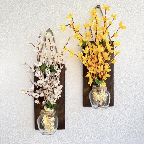 Led Işıklı, Sarı ve Beyaz Sakura Çiçekli Dekor