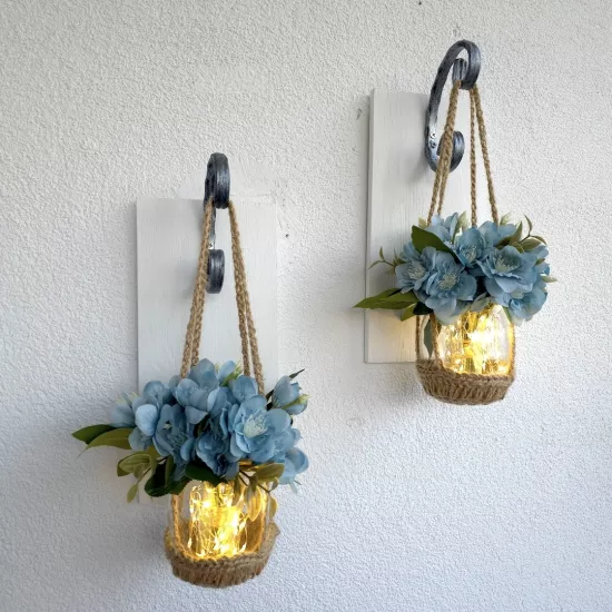 Duvar Dekoru Led Işıklı Mavi Yasemin Çiçekli Aplik