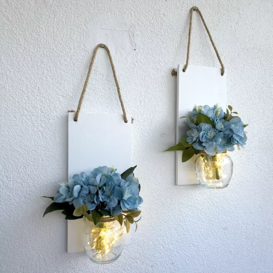 Led Işıklı Mavi Yasemin Çiçekli Duvar Dekoru