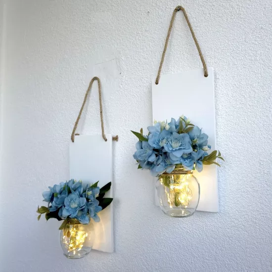 Led Işıklı Mavi Yasemin Çiçekli Duvar Dekoru