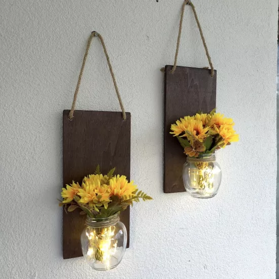 Led Işıklı Sarı Papatya Çiçekli Duvar Dekoru Ceviz