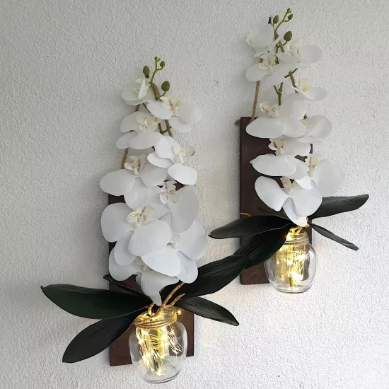 Led Işıklı, Beyaz Islak Orkide Çiçekli Duvar Dekor