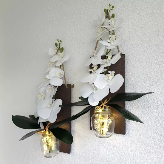 Led Işıklı, Beyaz Islak Orkide Çiçekli Duvar Dekor