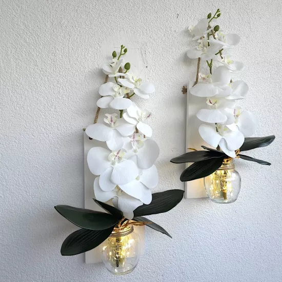 Led Işıklı, Beyaz Islak Orkide Çiçekli Duvar Dekor
