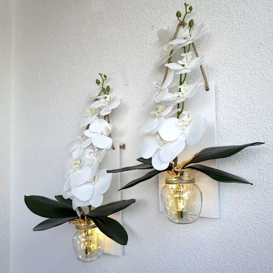 Led Işıklı, Beyaz Islak Orkide Çiçekli Duvar Dekor