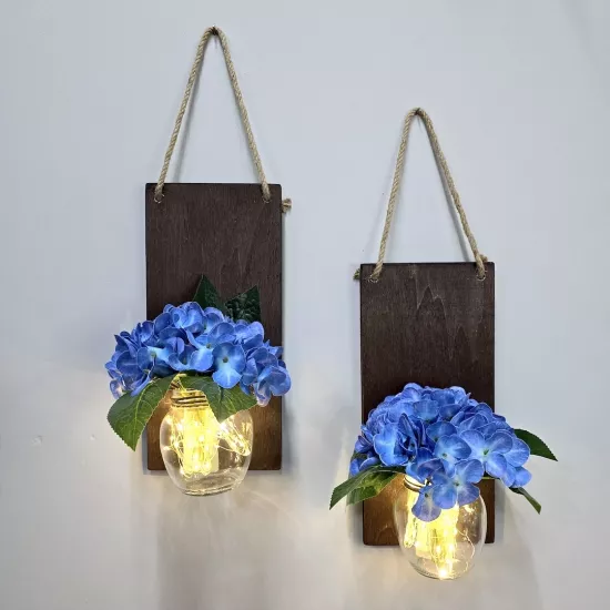 Led Işıklı Mavi Ortanca Çiçekli Duvar Dekoru Ceviz