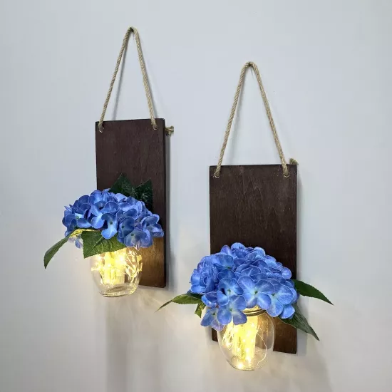 Led Işıklı Mavi Ortanca Çiçekli Duvar Dekoru Ceviz