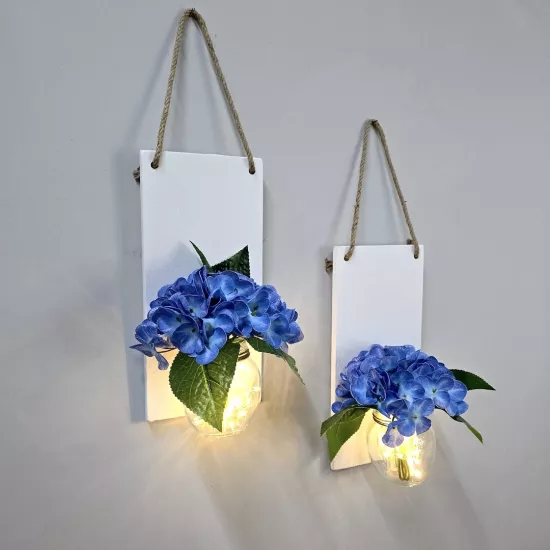 Led Işıklı Mavi Ortanca Çiçekli Duvar Dekoru Ceviz