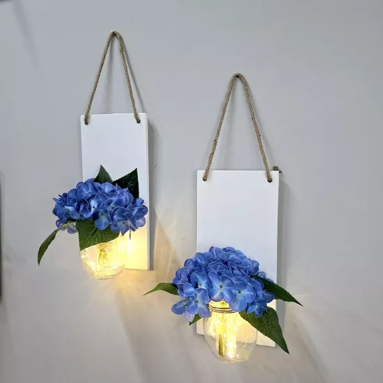 Led Işıklı Mavi Ortanca Çiçekli Duvar Dekoru Ceviz