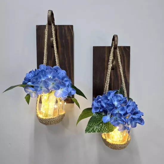 Duvar Dekoru Led Işıklı Mavi Ortanca Çiçekli Aplik