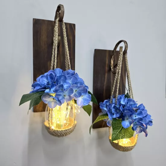 Duvar Dekoru Led Işıklı Mavi Ortanca Çiçekli Aplik