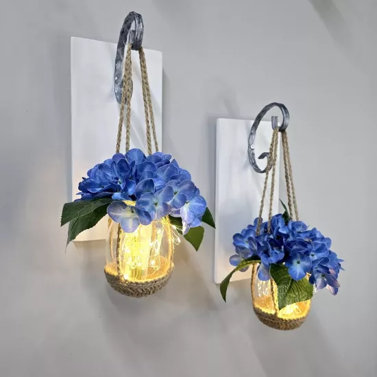 Duvar Dekoru Led Işıklı Mavi Ortanca Çiçekli Aplik