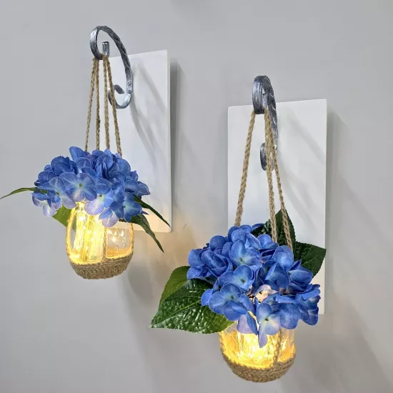 Duvar Dekoru Led Işıklı Mavi Ortanca Çiçekli Aplik