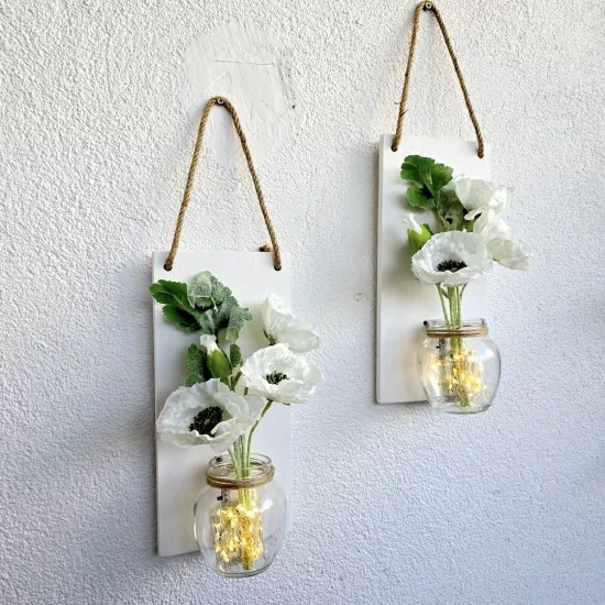 Led Işıklı, Beyaz Gelincik Çiçekli Duvar Dekoru