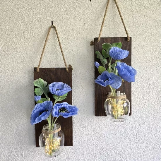 Led Işıklı, Mavi Gelincik Çiçekli Duvar Dekoru