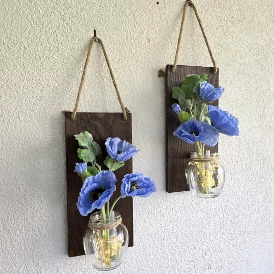 Led Işıklı, Mavi Gelincik Çiçekli Duvar Dekoru