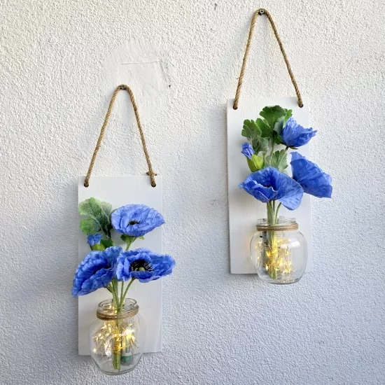 Led Işıklı, Mavi Gelincik Çiçekli Duvar Dekoru