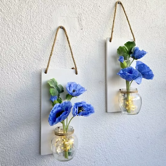 Led Işıklı, Mavi Gelincik Çiçekli Duvar Dekoru