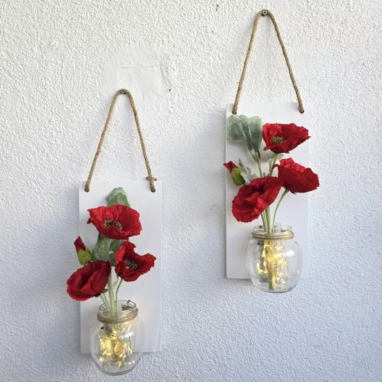 Led Işıklı, Kırmızı Gelincik Çiçekli Duvar Dekoru