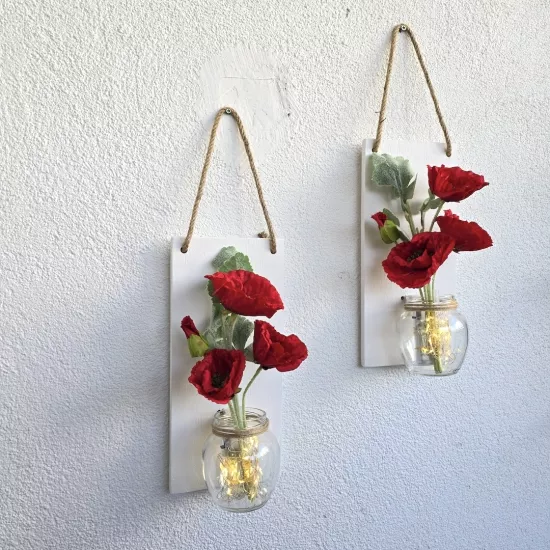 Led Işıklı, Kırmızı Gelincik Çiçekli Duvar Dekoru