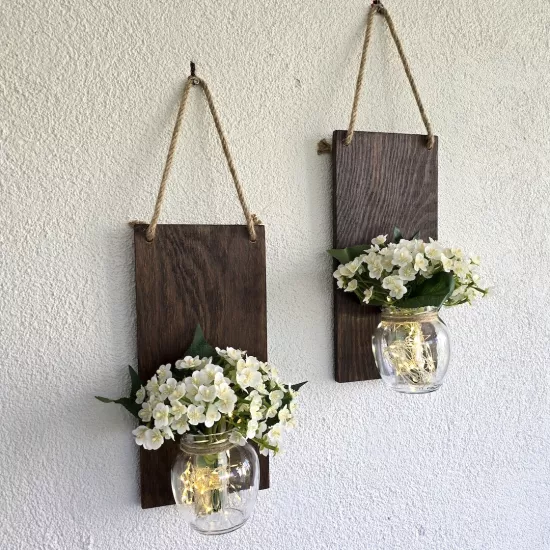 Led Işıklı, Beyaz Mini Ortanca Çiçekli Duvar Dekor