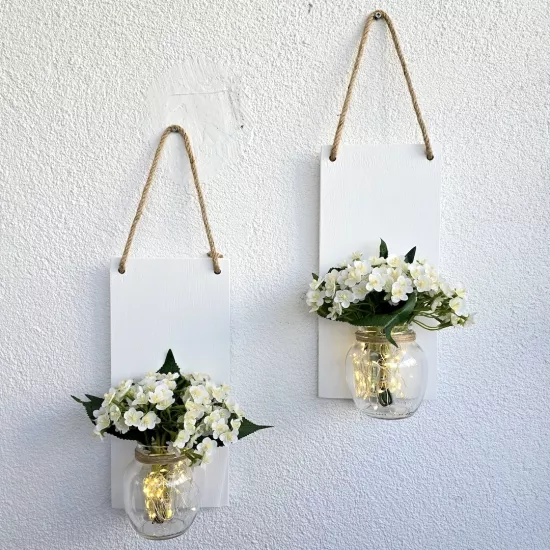 Led Işıklı, Beyaz Mini Ortanca Çiçekli Duvar Dekor