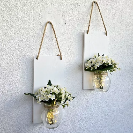 Led Işıklı, Beyaz Mini Ortanca Çiçekli Duvar Dekor