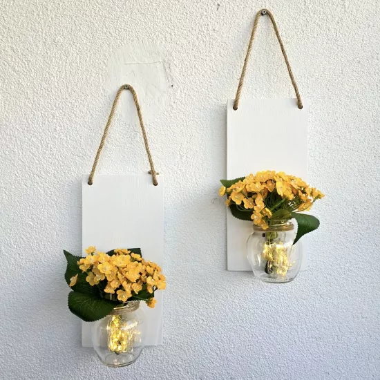 Led Işıklı, Sarı Mini Ortanca Çiçekli Duvar Dekor