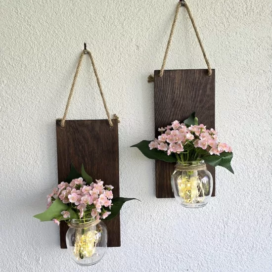 Led Işıklı, Pembe Mini Ortanca Çiçekli Duvar Dekor