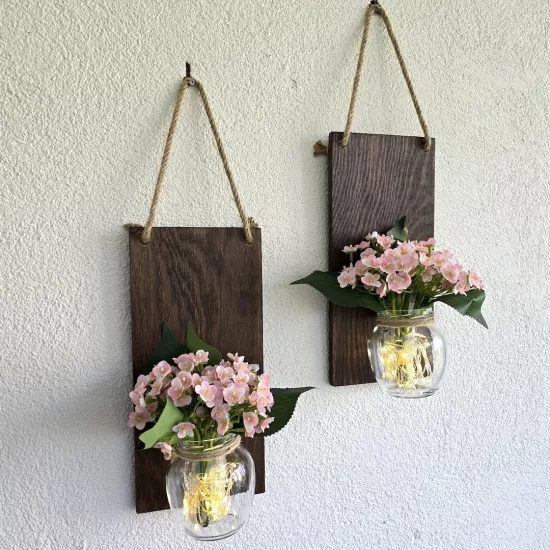 Led Işıklı, Pembe Mini Ortanca Çiçekli Duvar Dekor