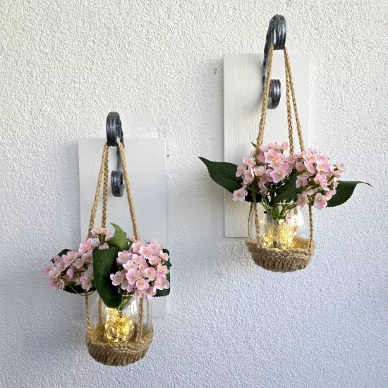 Led Işıklı, Pembe Mini Ortanca Çiçekli Aplik