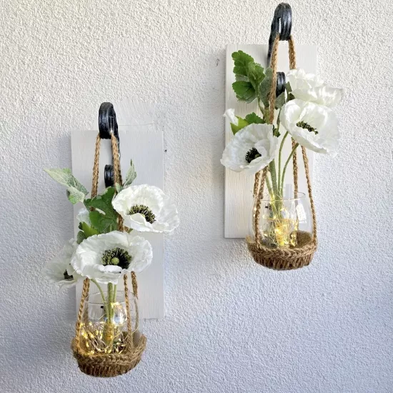 Led Işıklı, Beyaz Gelincik Çiçekli Aplik