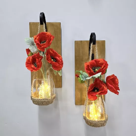 Led Işıklı, Turuncu Gelincik Çiçekli Aplik, Meşe