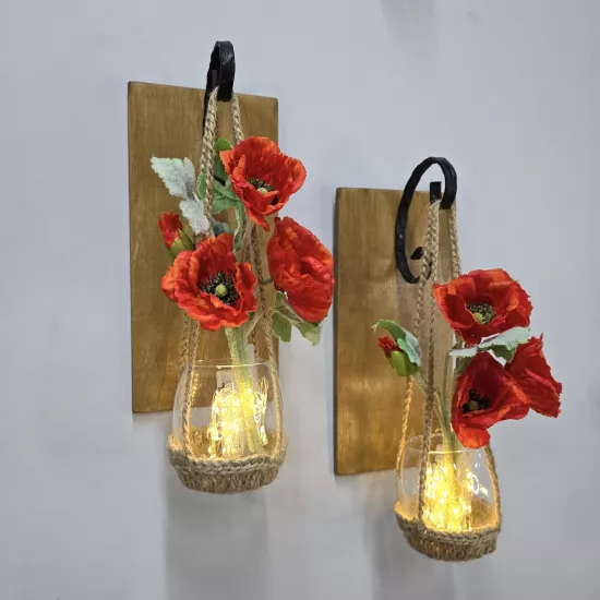 Led Işıklı, Turuncu Gelincik Çiçekli Aplik, Meşe