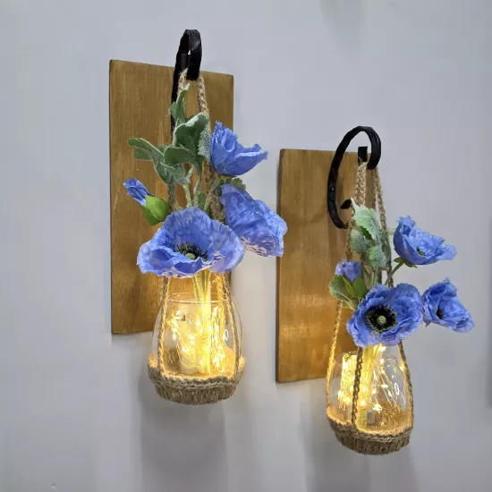 Led Işıklı, Mavi Gelincik Çiçekli Aplik, Meşe