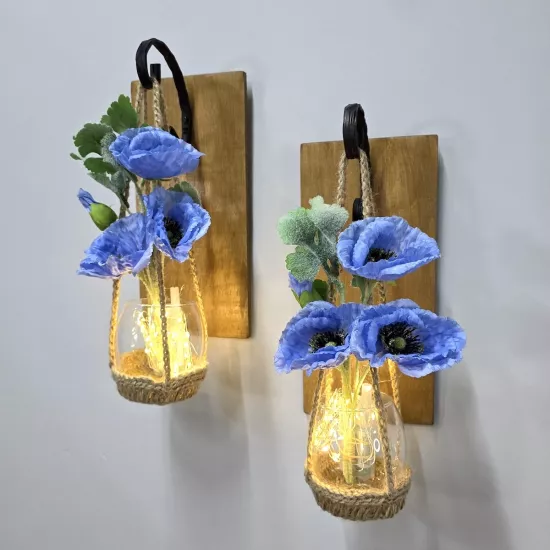 Led Işıklı, Mavi Gelincik Çiçekli Aplik, Meşe