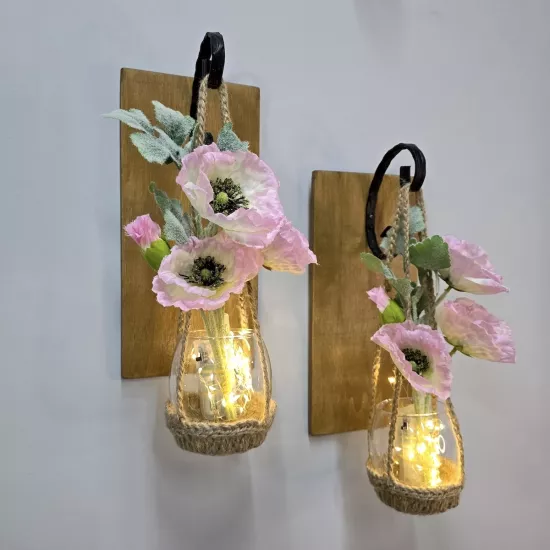 Led Işıklı, Pembe Gelincik Çiçekli Aplik, Meşe