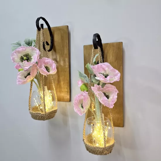 Led Işıklı, Pembe Gelincik Çiçekli Aplik, Meşe