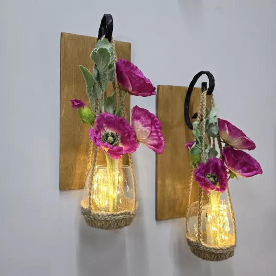 Led Işıklı, Pembe Gelincik Çiçekli Aplik, Meşe