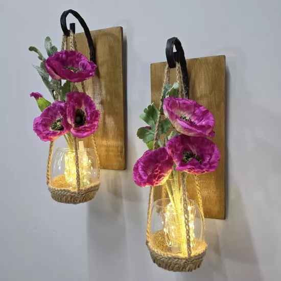 Led Işıklı, Pembe Gelincik Çiçekli Aplik, Meşe