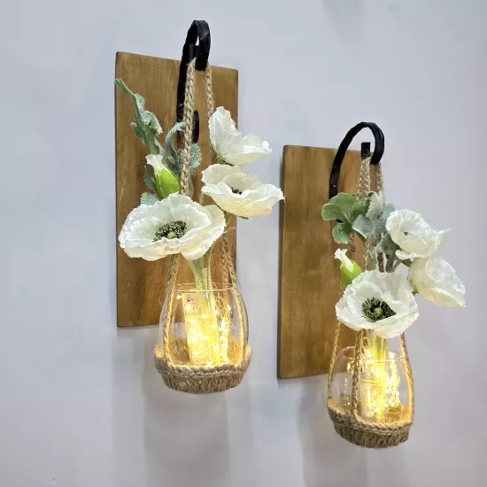 Led Işıklı, Beyaz Gelincik Çiçekli Aplik, Meşe