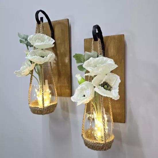 Led Işıklı, Beyaz Gelincik Çiçekli Aplik, Meşe