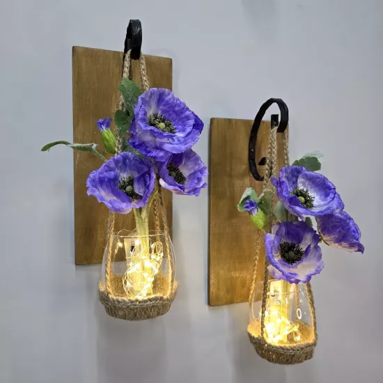 Led Işıklı, Lila Gelincik Çiçekli Aplik, Meşe