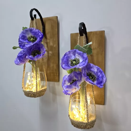 Led Işıklı, Lila Gelincik Çiçekli Aplik, Meşe