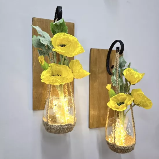 Led Işıklı, Sarı Gelincik Çiçekli Aplik, Meşe