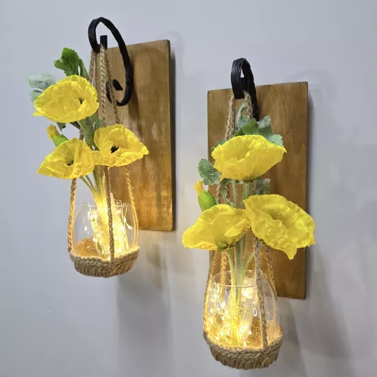 Led Işıklı, Sarı Gelincik Çiçekli Aplik, Meşe