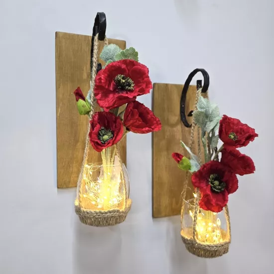 Led Işıklı, Kırmızı Gelincik Çiçekli Aplik, Meşe