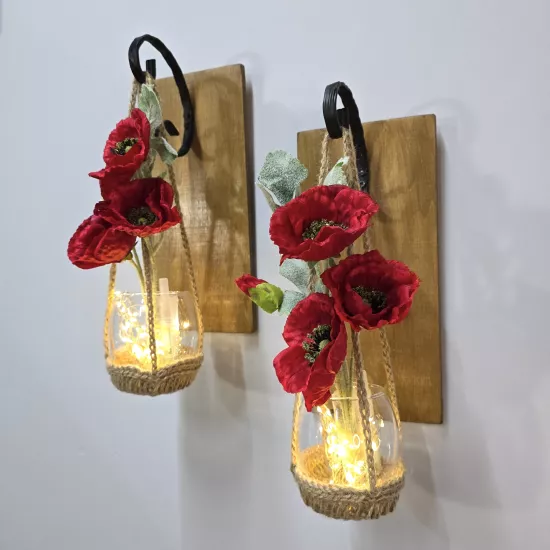 Led Işıklı, Kırmızı Gelincik Çiçekli Aplik, Meşe